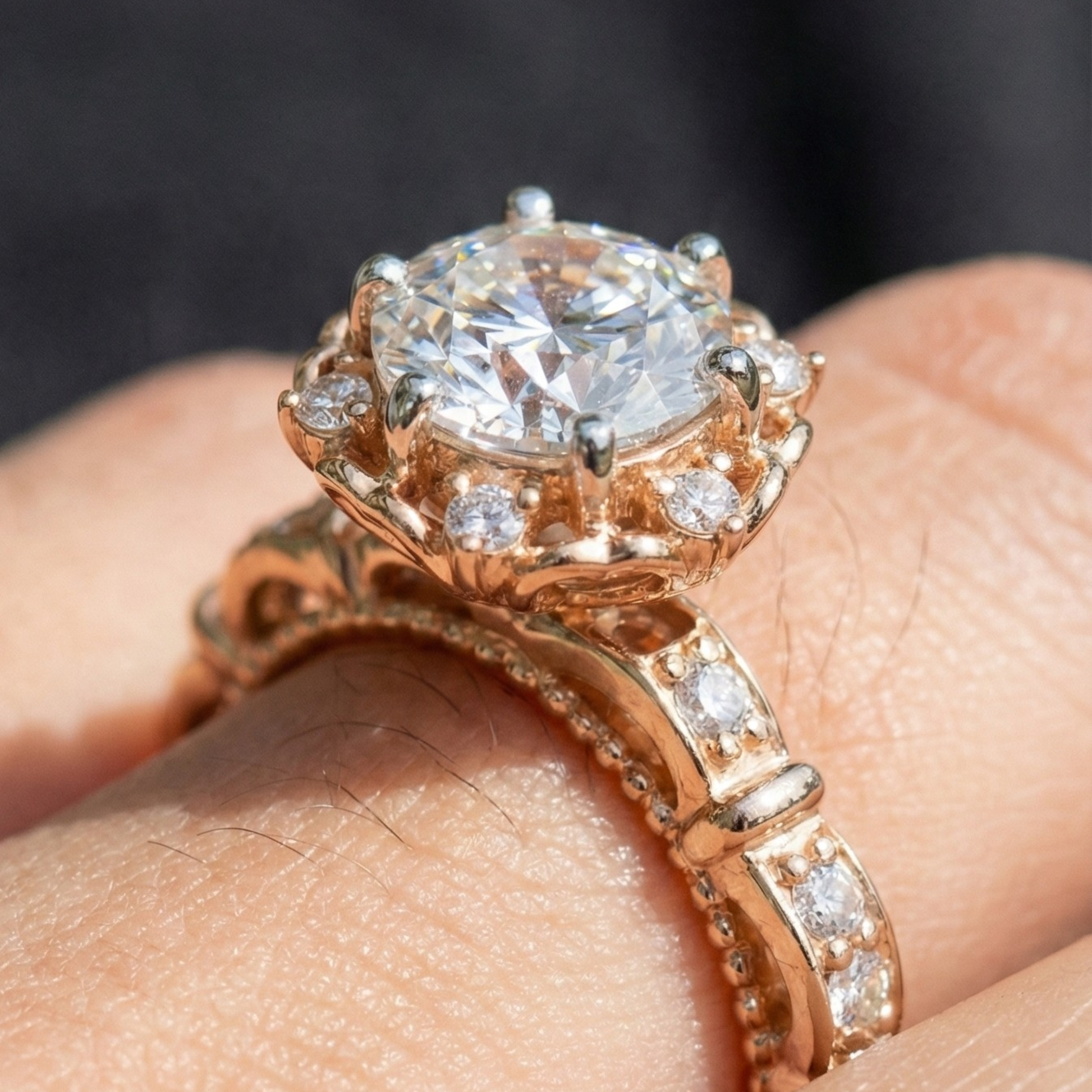 Vintage Rose Gold Diamond Engagement Ring Floral Halo Design with Round Brilliant Center Stone