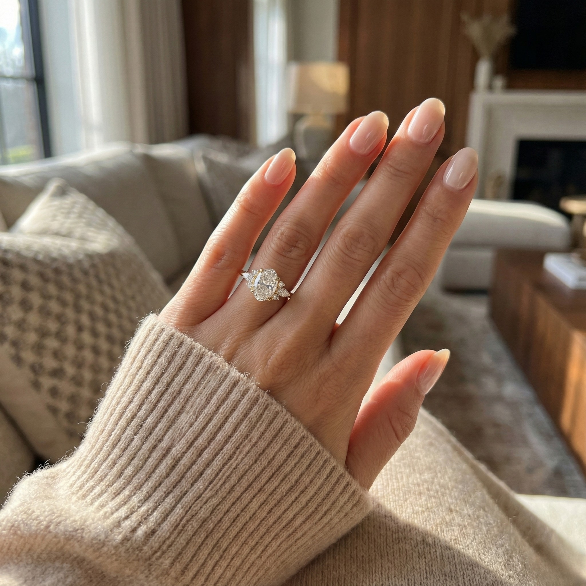 Oval Diamond Cluster Engagement Ring in Yellow Gold Marquise & Round Side Stones