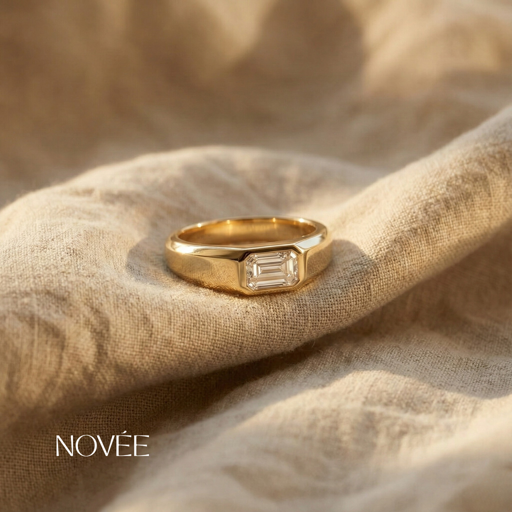 Emerald Cut Diamond Signet Ring in Yellow Gold Minimalist Modern Statement Ring