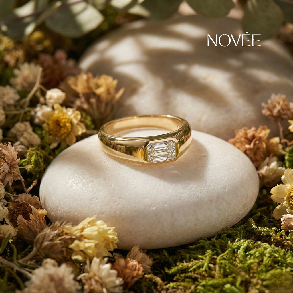 Emerald Cut Diamond Signet Ring in Yellow Gold Minimalist Modern Statement Ring