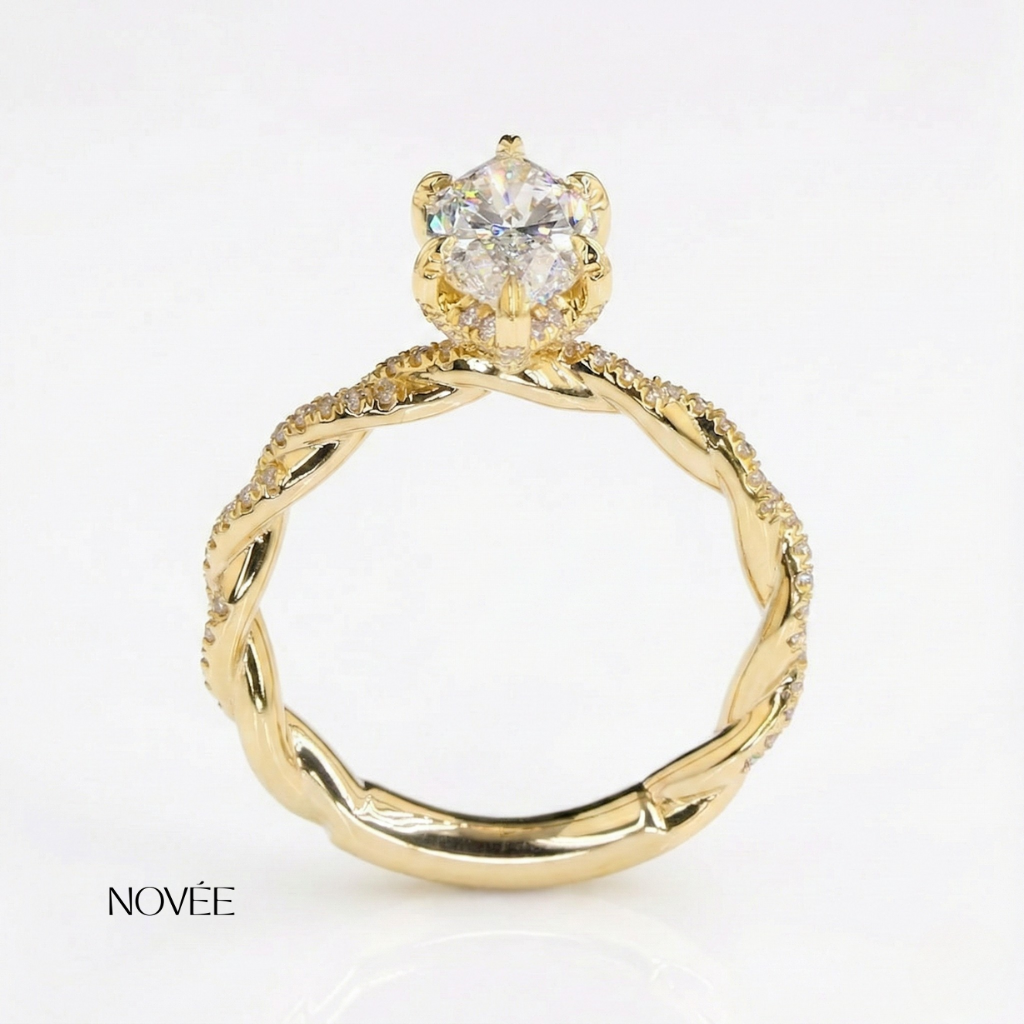 Marquise Diamond Engagement Ring in 18K Yellow Gold Twisted Pavé Band Luxury Ring