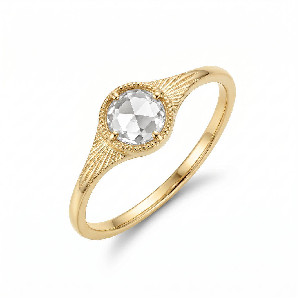 Soleil Rose Cut Lab Diamond Ring with Sunburst Band in Yellow Gold My Store