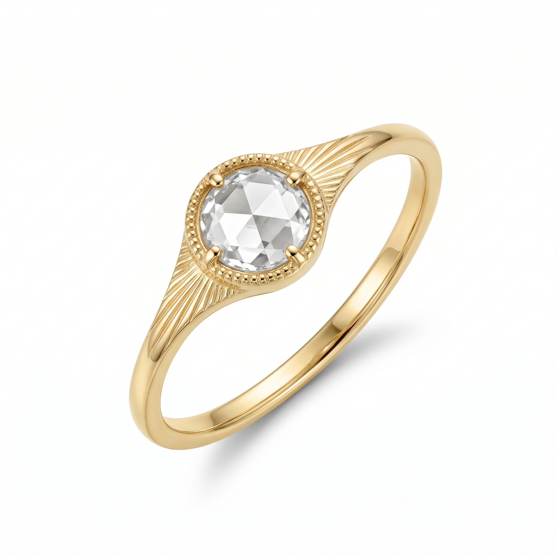 Soleil Rose Cut Lab Diamond Ring with Sunburst Band in Yellow Gold My Store