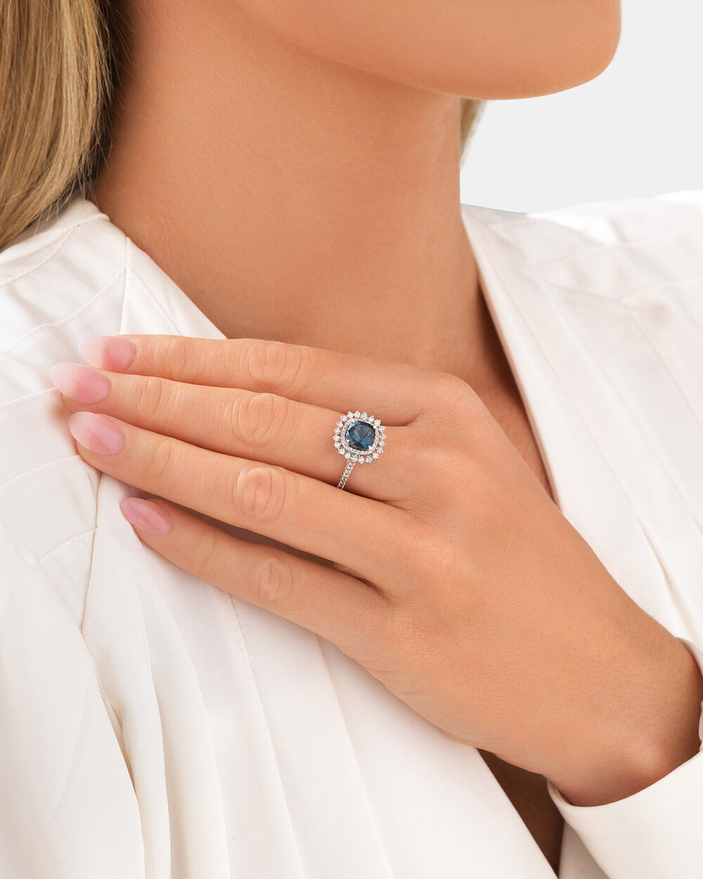 Cushion-Cut Blue Gemstone Halo Ring in White Gold